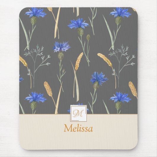 Grijs Bloemen Wildflower Monogram Muismat (Voorkant)