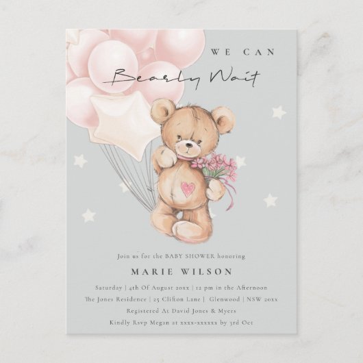 Grijs Blush Beer Barly Wait Balloon Baby shower Briefkaart (Voorkant)