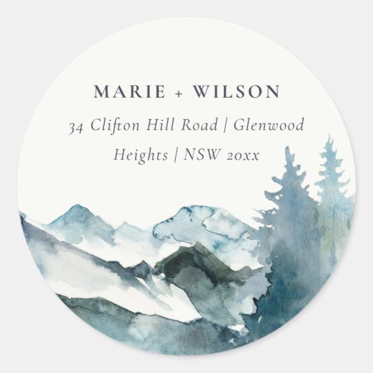 Grijs Blush Green Blue Mountains Pine Adres Ronde Sticker (Voorkant)