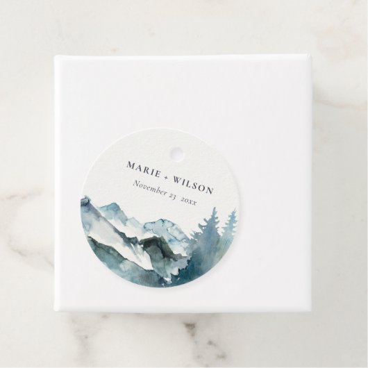 Grijs Blush Green Blue Mountains Pine Weddenschap Bedankjes Labels (In situ)