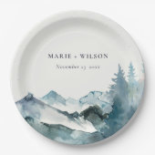 Grijs Blush Green Blue Mountains Pine Weddenschap Papieren Bordje (Voorkant)