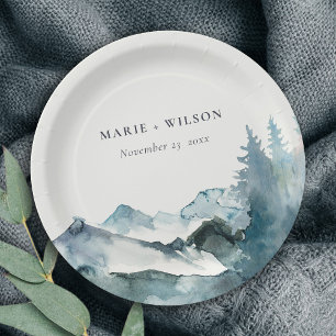 Grijs Blush Green Blue Mountains Pine Weddenschap Papieren Bordje