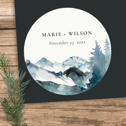 Grijs Blush Green Blue Mountains Pine Weddenschap Ronde Sticker
