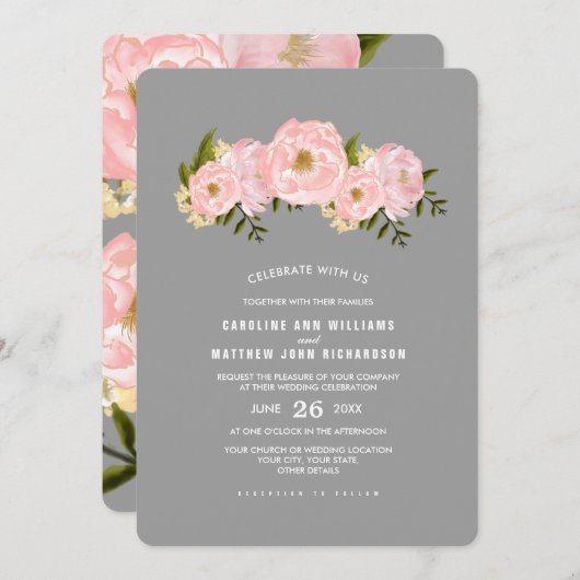 Grijs | Blush Pink Peonies Waterverf Weddenschap Kaart (Voorkant / Achterkant)
