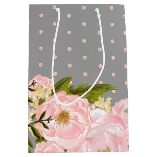 Grijs | Blush Pink Peonies Weddenschap Medium Cadeauzakje (Voorkant)