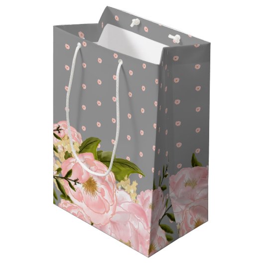 Grijs | Blush Pink Peonies Weddenschap Medium Cadeauzakje (Voorkant Gekanteld)
