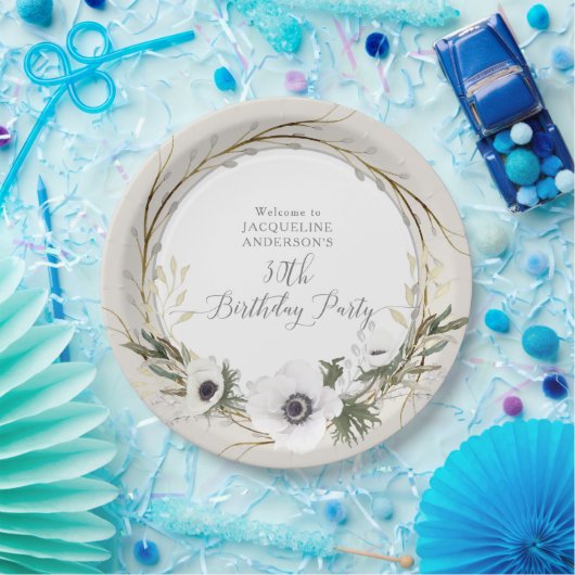 Grijs BOHO Wit Bloemen Twig Krans Verjaardagsfeest Papieren Bordje (Feest)