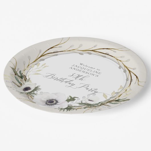 Grijs BOHO Wit Bloemen Twig Krans Verjaardagsfeest Papieren Bordje (Gekanteld)