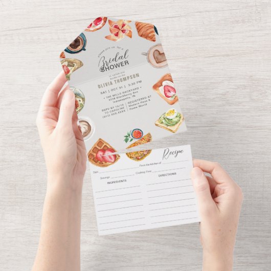 Grijs Bruids Brunch Waffels & Recept All In One Uitnodiging (Afscheurbaar)