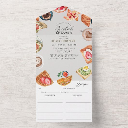 Grijs Bruids Brunch Waffels & Recept All In One Uitnodiging (Binnen)