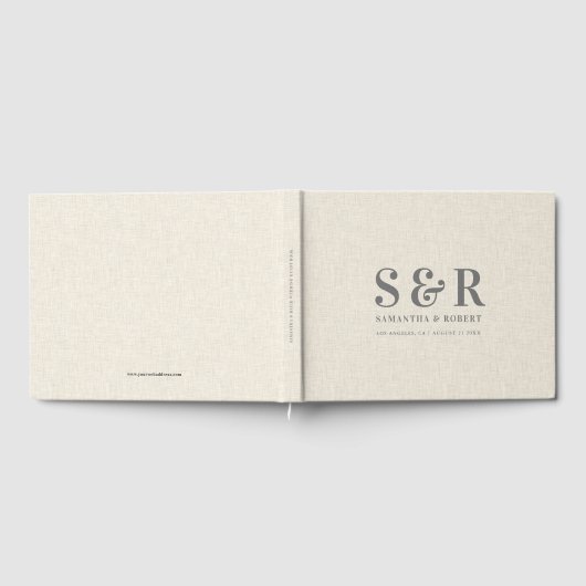 Grijs Bruiloft Monogram Beige Linnen Gastenboek (Volledig)
