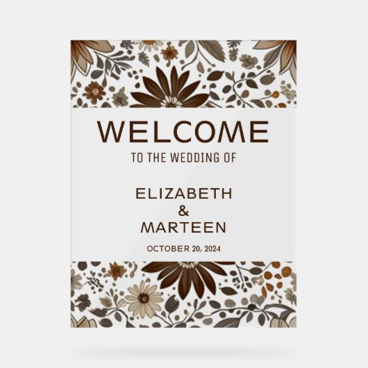 Grijs Bruin Bladpatroon Herfst bruiloft Acryl Bord (Voorkant)