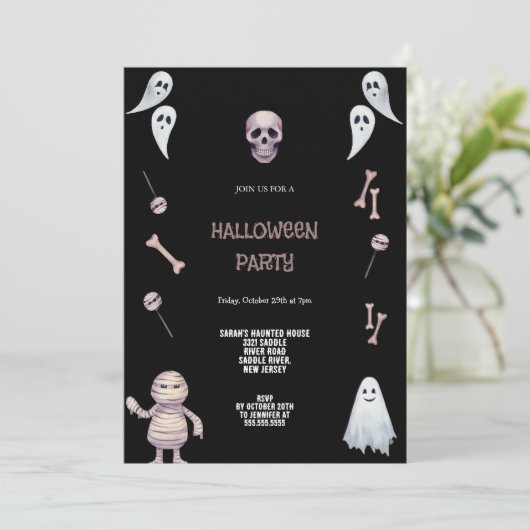 GRIJS BRUIN EN ZWART HALLOWEEN UITNODIGING (Staand voorkant)