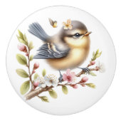 Grijs Bruin Geel Vogel Bloesems Keramische Knop (Voorkant)