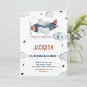 Grijs Bruin Vliegtuig Verjaardag Uitnodigingen (Staand voorkant)