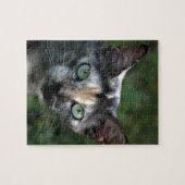 Grijs Bruine Witte Kat met Groene Ogen Legpuzzel (Horizontaal)