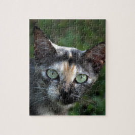 Grijs Bruine Witte Kat met Groene Ogen Legpuzzel