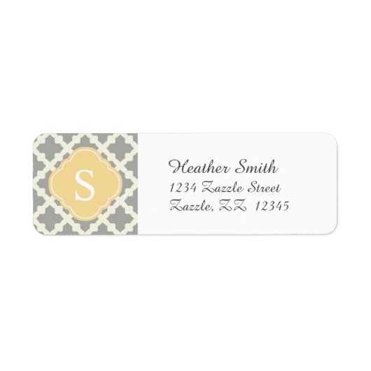 Grijs & Buff Modern Marokkaans Quatrefoil Monogram Etiket (Voorkant)