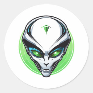 Grijs buitenaards portret hoofd groene achtergrond ronde sticker