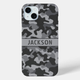 Grijs camouflage gepersonaliseerd iPhone 15 mini hoesje