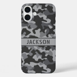 Grijs camouflage gepersonaliseerd iPhone 16 plus hoesje