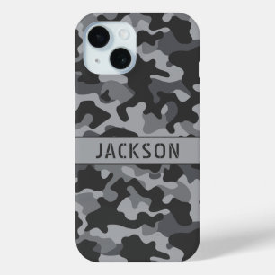 Grijs camouflage gepersonaliseerd iPhone 15 case