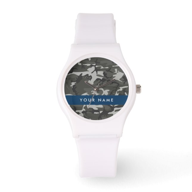 Grijs camouflagepatroon, Jouw naam, personaliseren Horloge (Voorkant)