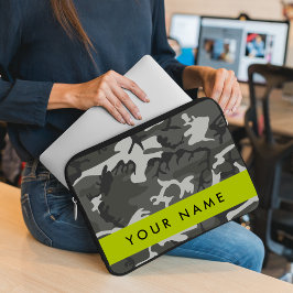Grijs camouflagepatroon, Jouw naam, personaliseren Laptop Sleeve