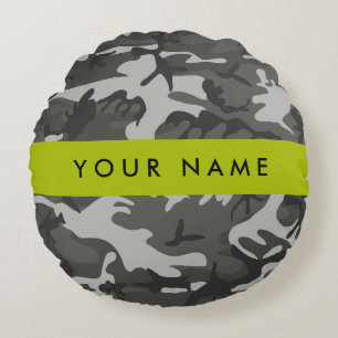 Grijs camouflagepatroon, uw naam, personaliseren rond kussen