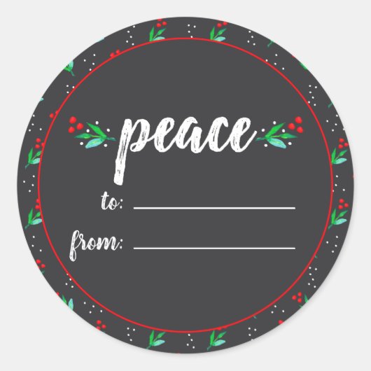 Grijs Chalkboard Foliage Wit Peace Christmas Label (Voorkant)