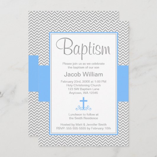 Grijs Chevron Blauw Kruis Jongen Doop Doop Kaart (Voorkant / Achterkant)