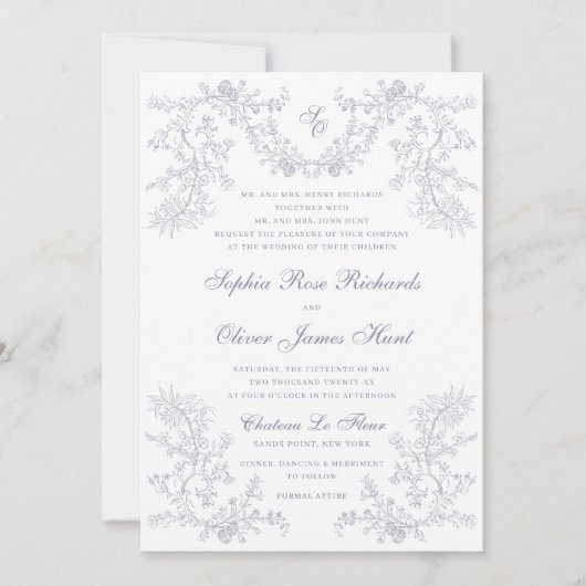 Grijs Chinoiserie Monogram Bruiloft Kaart (Voorkant)