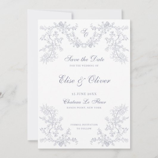  Grijs Chinoiserie Monogram Bruiloft Save The Date (Voorkant)