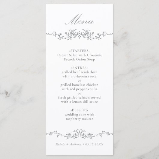 Grijs Classic Bloemen Border Wedding Menu (Voorkant)
