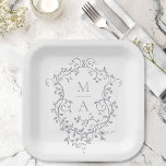 Grijs Classic Floral Crest Monogram Huwelijk Papieren Bordje<br><div class="desc">Elegant Frans Victoriaans grijs bloemenbruidspapier bord. Voor meer geavanceerde aanpassing van dit ontwerp,  klikt u op de BUTTON DESIGN TOOL hierboven!</div>