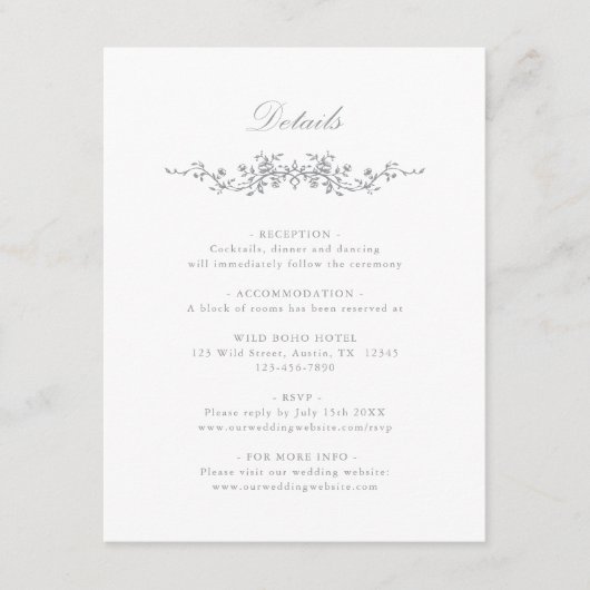 Grijs Classic Franse Bloemen Trouwdetails Informatiekaartje (Voorkant)