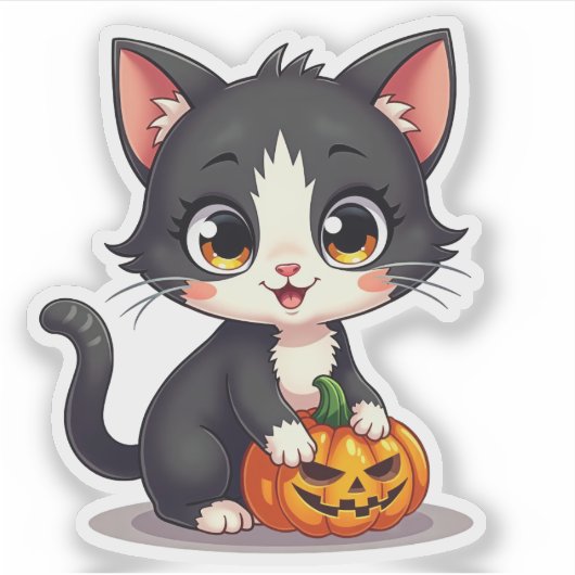 Grijs Cute B&W Kitten – Halloween Sticker (Voorkant)