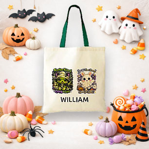 Grijs Cute Halloween Trick or Treat Patroon Tote Bag