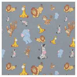 grijs Cute safari dierpatroon - Giraffe, olifant Stof