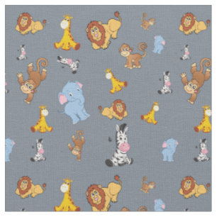 grijs Cute safari dierpatroon - Giraffe, olifant Stof