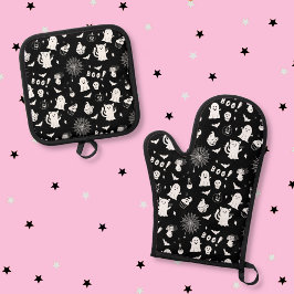Grijs cute zwart-wit Halloween patroon  Ovenwant & Pannenlap Set