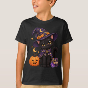 Grijs Cute Zwarte Kat Heksenhoed Pompoen Halloween T-shirt