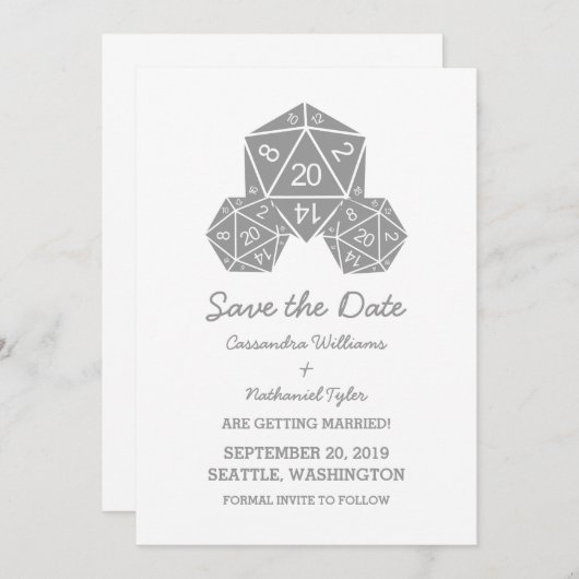 Grijs D20-apparaat Opslaan Datum uitnodiging (Voorkant / Achterkant)