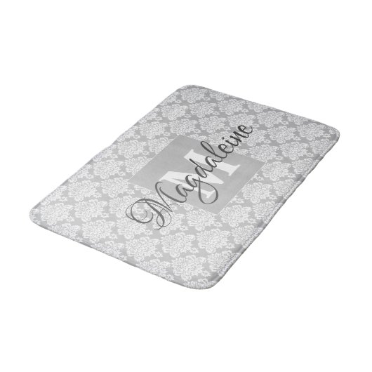 Grijs Damask Badmat met Monogram & Naam (Gekanteld)