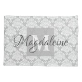 Grijs Damask Kussen Hoesje met Monogram & Naam Kussensloop (Achterkant)