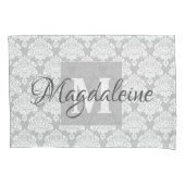 Grijs Damask Kussen Hoesje met Monogram & Naam Kussensloop (Voorkant)