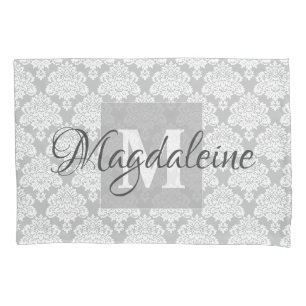 Grijs Damask Kussen Hoesje met Monogram & Naam Kussensloop