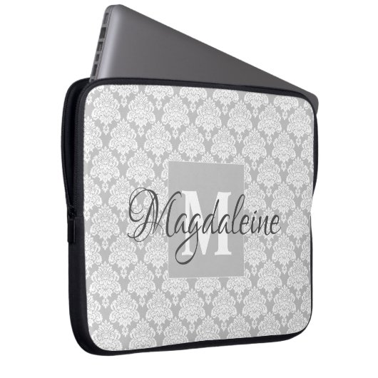  grijs Damask-patroonmonogram & naam Laptop Sleeve (Voorkant Rechts)