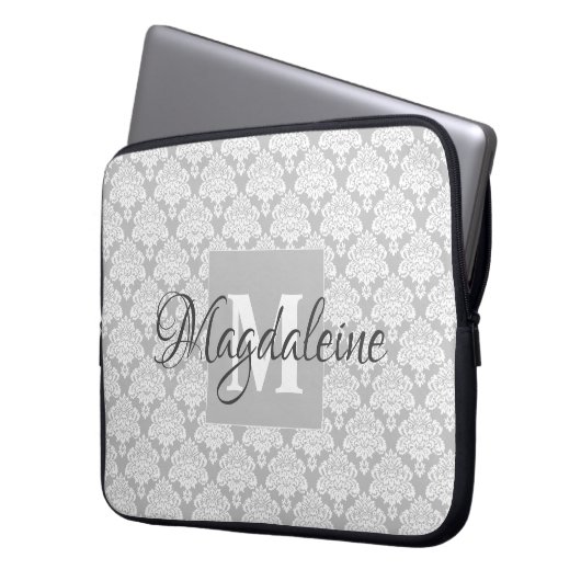  grijs Damask-patroonmonogram & naam Laptop Sleeve (Voorkant Links)