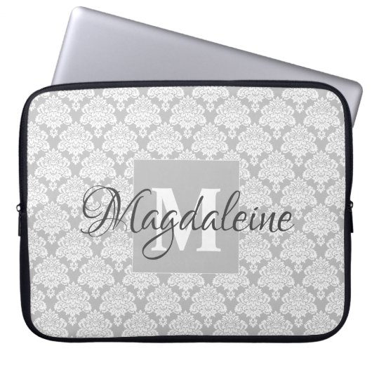  grijs Damask-patroonmonogram & naam Laptop Sleeve (Voorkant)